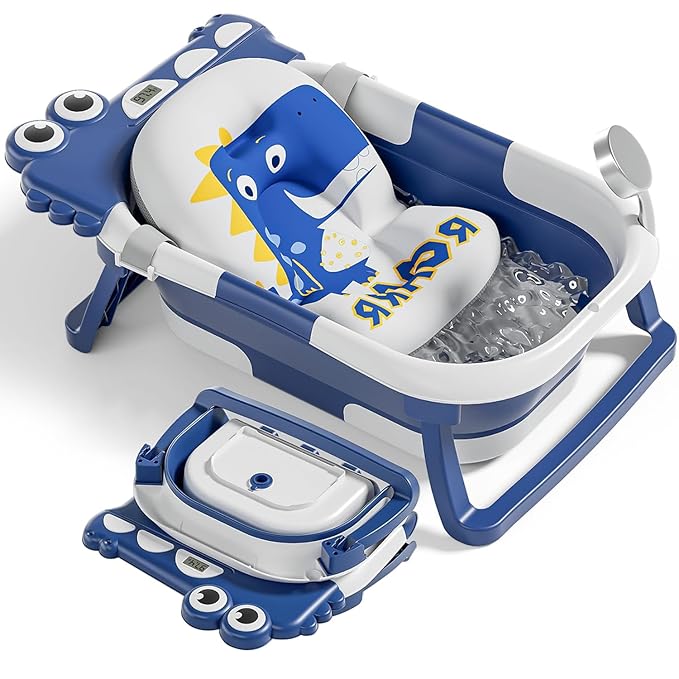 TPN Collapsible Baby Bathtub, Baby Bath Tub with Soft Cushion & Real-Time Thermometer, Baby Bathtub Infant to Toddler Tub (0-36 Months), Portable Travel Baby Tubs for Newborns (Navy Blue)
