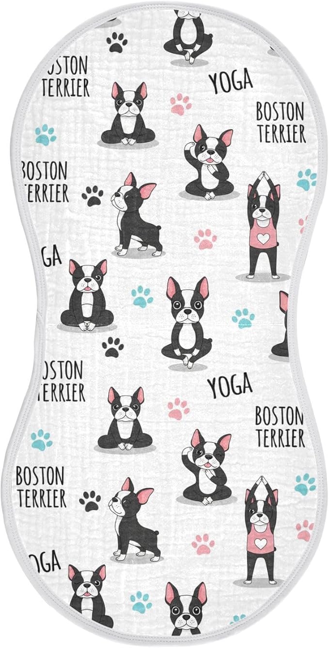 1 Pack Muslin Burp Cloths Dogs Yoga White Cotton Baby Burp Cloths Ultra Absorbent Soft Thick Burping Cloth for Newborn Boys Girls 22x11 Inch