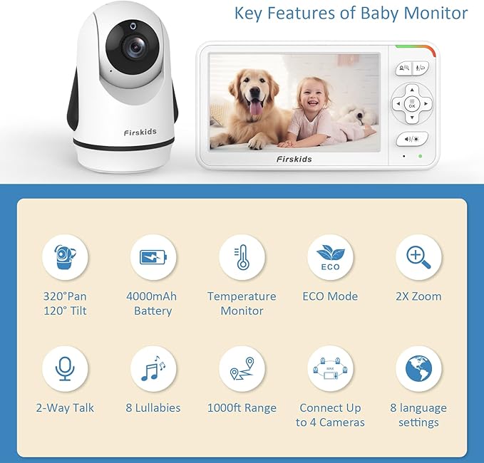Baby Monitor with 2 Cameras, 5” Video Baby Monitor with Dual Camera and Audio no WiFi, 32-Hour Battery, 2 Way Talk, Temperature Sensor, Auto Night Vision, Ideal for Monitor Baby and Elderly