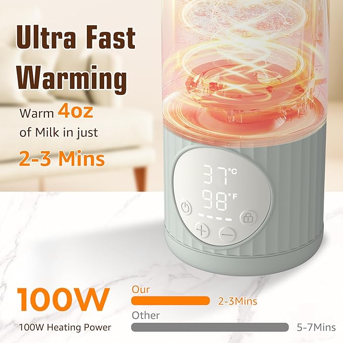 Portable Bottle Warmer for Breast Milk,Formula or Water 13oz Large Capacity,100W Power Fast Warming & Precise Temp Control Baby Milk Warmer for Travel
