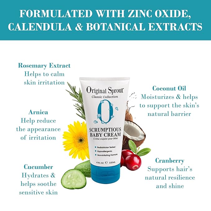 Original Sprout Scrumptious Baby Cream, Gentle Moisturizing Cream for Dry, Sensitive Skin & Diaper Rash, Non-Greasy Baby Lotion with Zinc Oxide & Calendula for Face & Body, 4 fl oz