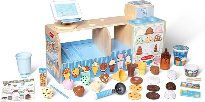 Melissa & Doug Wooden Cool Scoops Ice Creamery Play Food Toy Wooden Pretend Play Frozen Treats for Toddlers, Preschoolers, Boys and Girls - FSC-Certified