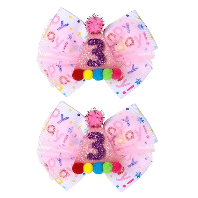 Birthday Hair Bow for Baby Girls 1 2 3 4 5 6 Year Old Sprinkle Hair Clips Happy Birthday Decorations for Girls Toddlers With Pom-Poms Ice Cream Candy Party Pink Hair Accessories for 3rd Sweet Party