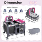 BABY JOY 5 in 1 Pink Pack and Play, Portable Baby Playard with Bassinet & Changing Table, Infant Pink Bassinet Nursery Center w/Toys & Music & Oxford Bag for Baby Girl Toddlers (Rose, Dot Circle)