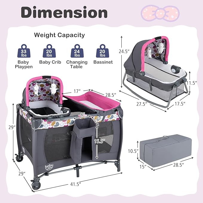 BABY JOY 5 in 1 Pink Pack and Play, Portable Baby Playard with Bassinet & Changing Table, Infant Pink Bassinet Nursery Center w/Toys & Music & Oxford Bag for Baby Girl Toddlers (Rose, Dot Circle)