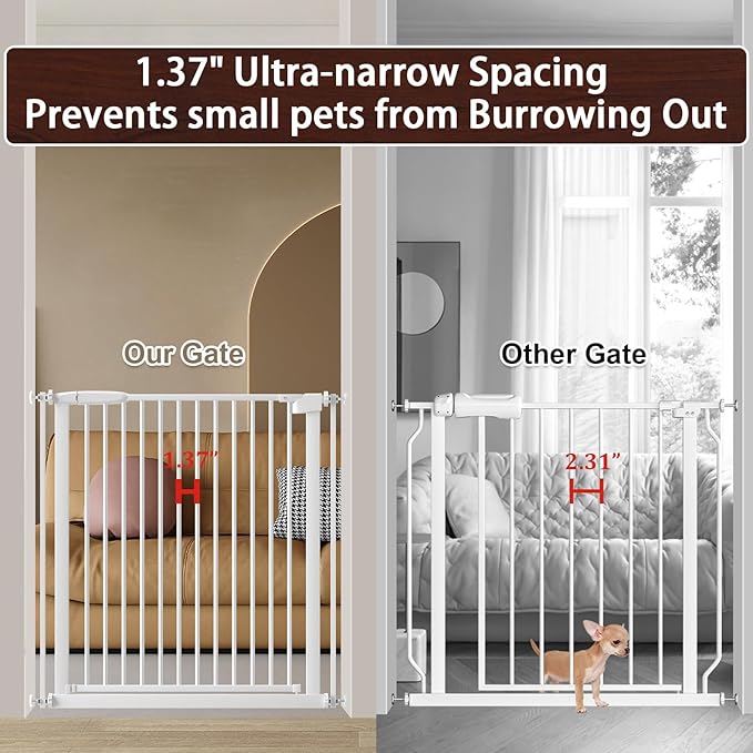 DEARBB Extra Wide Baby Gate Ultra Narrow Spacing 30.11-77.36" Pressure Mounted Double Lock Swing Auto Close Walk Through Metal Safety Pet Gate for Stairs and House Doorway Kitchen