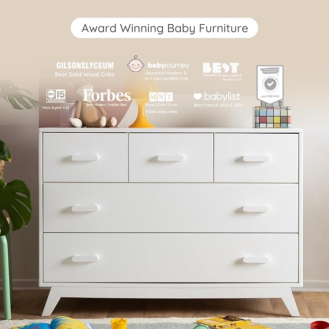dadada Soho 5-Drawer Dresser for Nursery and Bedroom - Modern Design, Large Storage, Baby-Safe Finish, Soft Close Drawers, Anti-Tip Safety, Sturdy Legs & Solid Wood Handles, 47” Wide (White)