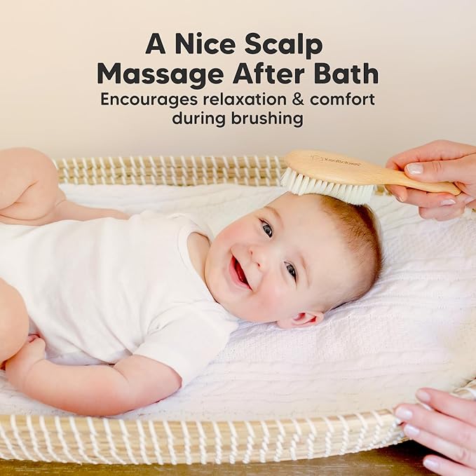 Wooden Baby Hair Brush - Cradle Cap Baby Brush with Soft Goat Bristles, Perfect Gentle Scalp Newborn Comb for Infant, Girls, Boys, Bath Essentials (Walnut, Oval)