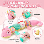 Baby Toys 0-6-12 Months, Musical Stuffed Animal Activity Soft Toys with Multi-Sensory Crinkle,Rattles and Textures,Infant Baby Girl Toys Gifts for Newborn Tummy Time,Dinosaur,Pink