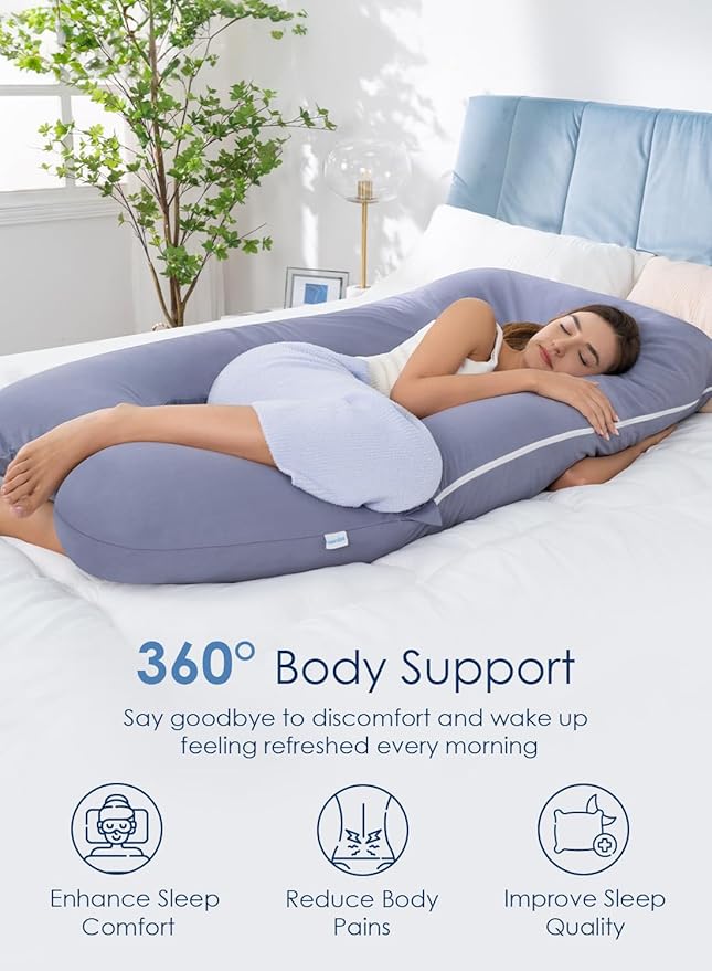 QUEEN ROSE Pregnancy Pillows, 60 Inch Cooling U Shaped Body Pillow for Sleeping, Extra Long Maternity Pillow for Pregnant Women, Body Support for Adults, with Soft Silky Cover, Blue