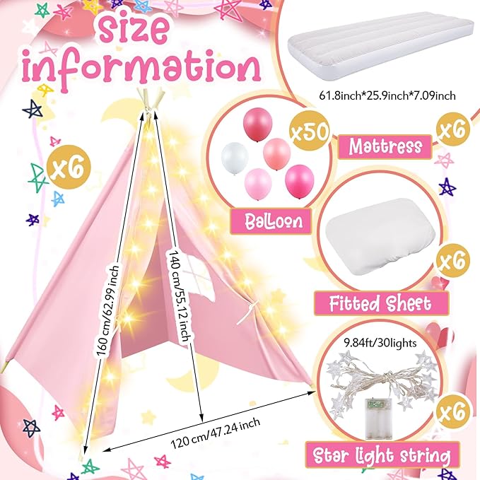 6 Pack Sleepovers Teepee Tent for Kids Bulk with Mattress Sheet Light,Natural Cotton Washable Indoor Play Tent for Birthday Slumber Party Girls Boys Pajama Movie Night Supplies(Light Pink)