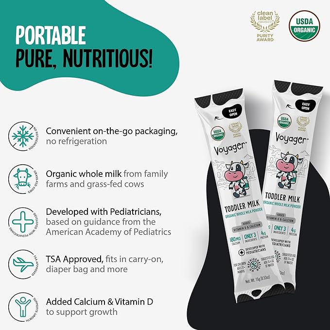 Voyager Toddler Milk On The Go, USDA Organic Shelf Stable Whole Milk Powder, Great for Travel, No Refrigeration, Gluten Free with No GMO's and No Antibiotics for Kids, 48 Sachets of 15g - 3 Pack