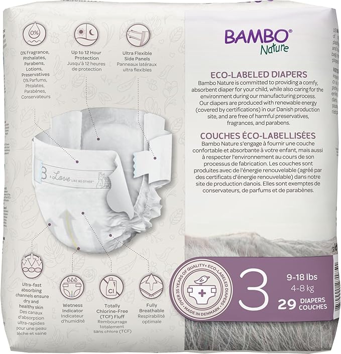 Bambo Nature Hypoallergenic Baby Diapers, Eco-Labelled Sustainable Diapers, Enhanced Leakage Protection, Totally Chlorine-free, Skin Friendly, and Super Absorbent - Size 3 (29 Count)