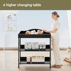 Baby Changing Table, Diaper Changing Station with Pad and Wheels, Two-Tier Open Storage Shelves, Waterproof Diaper pad & Safety Strap,Compact Baby Furniture for Nursery, Black
