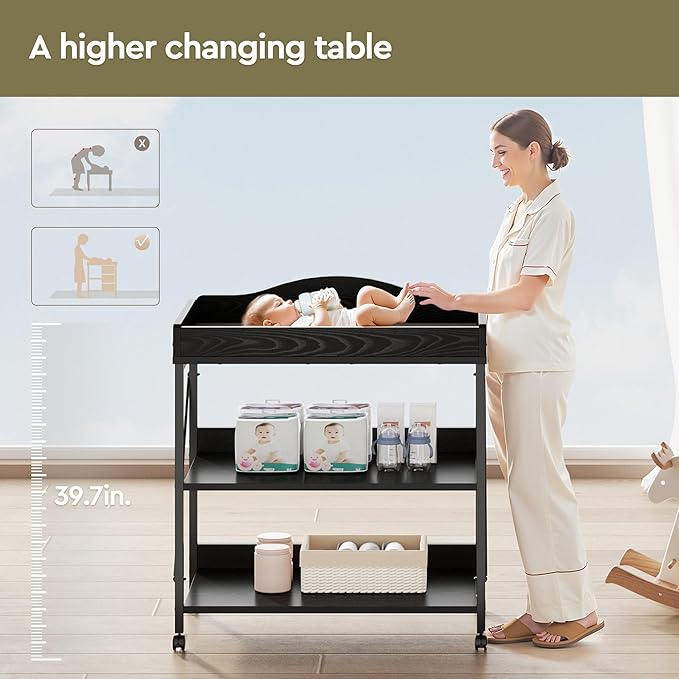 Baby Changing Table, Diaper Changing Station with Pad and Wheels, Two-Tier Open Storage Shelves, Waterproof Diaper pad & Safety Strap,Compact Baby Furniture for Nursery, Black