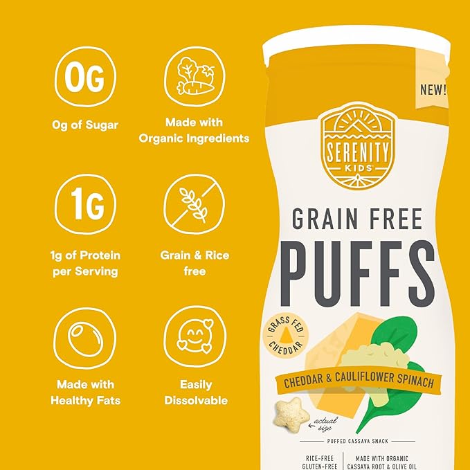 Serenity Kids 6+ Month Baby Food Puffs - White Cheddar & Cauliflower - Grain-Free, Gluten-Free & Allergen-Free - Organic Puffs for Baby - Cassava, Veggies & Herbs - 1.5 Oz, 6-Pack