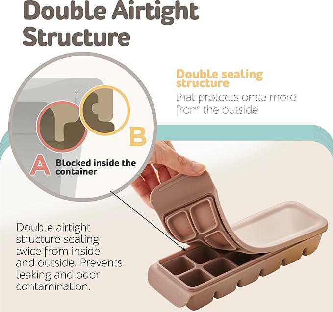 Silicone Freezer Trays with Lid,2ea 0.7oz 12 Cube-Leak Proof Silicone Freezer molds for Homemade Baby Food Breastmilk, Purees, Vegetables, Fruit, Baby Food Jars Ice Tray with Lid BPA Free Beige
