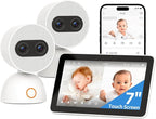 Simsky Split Screen Video Baby Monitor with 2 Cameras, Dual 4MP Cameras with 6X Zoom, 7" UHD Touch Screen Portable Audio Baby Monitor, App Remote Access, 5200mAh Battery, 32GB Local Storage