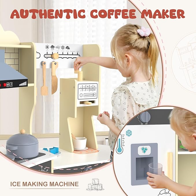 ANPABO Play Kitchen for Kids, Wooden Kitchen Playset w/Real Lights & Sounds, Coffee & Ice Maker, Microwave, Stove, 30Pcs Accessories Include Play Food, Pretend Play Set for Boys & Girls, Yellow