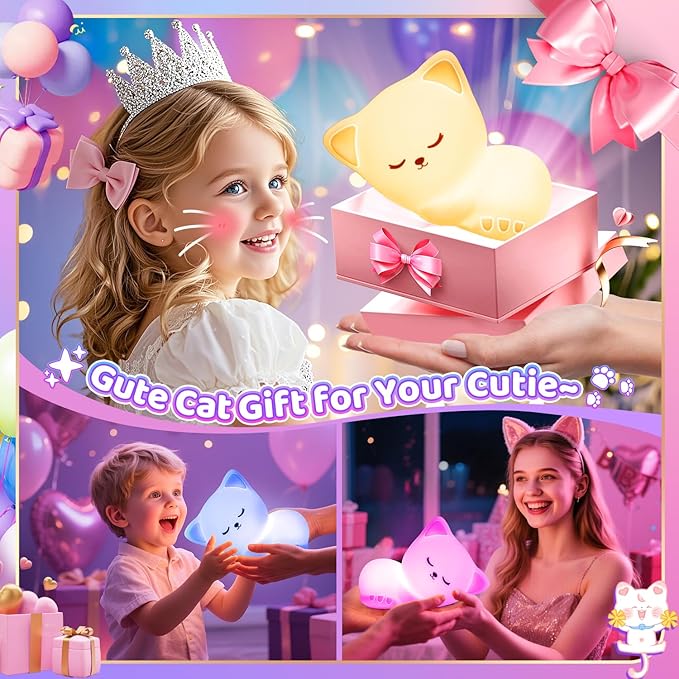 Night Light for Kids,16 Colors Cat Lamp Cute Lamp,Dimmable Baby Night Lights for Nursery,Silicone Rechargeable Nightlight for Kids Room,Kawaii Room Decor,Cat Gifts for Girls Gift for 3-6 Year Old Girl