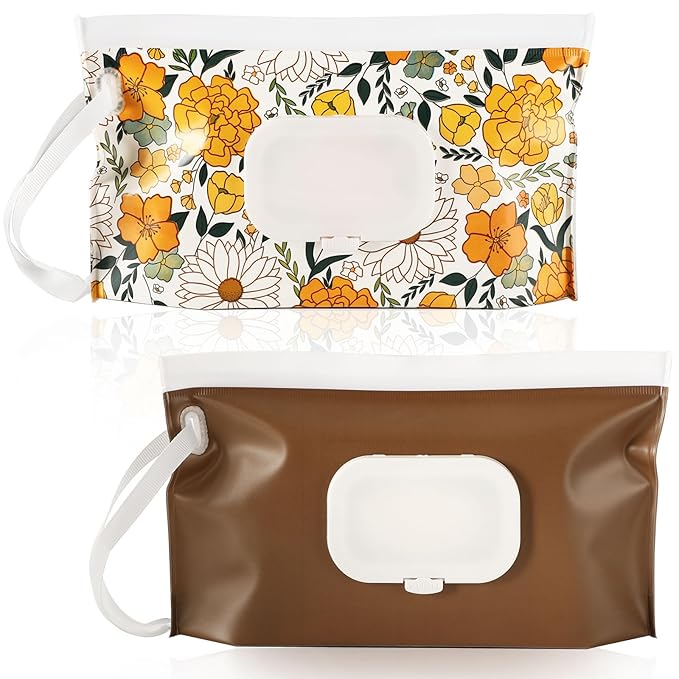 FEBSNOW 2 Pack Baby Wipes Dispenser, Portable Refillable Wipe Holder Baby Wipes Container Travel Wipes Case Reusable Wet Wipes Pouch (Floral, Brown)