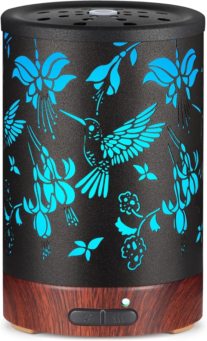 Metal Essential Oils Diffuser 150ML Christmas Aromatherapy Diffuser Cool Mist Humidifier with 7 Colors Lights Waterless Auto Off Air Diffusers as Gifts for Mom (B-Hummingbird)