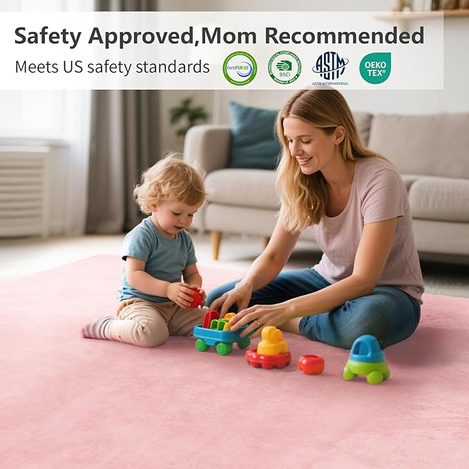 Baby Play Mat for Floor,1.3" Thick Elasti-Foam 50"×50" Playpen Mat for Tummy Time,Water Repellent Soft Coral Velvet for Toddler,Infant,Kids,Non-Slip Backing Safe for Crawling(Pink)