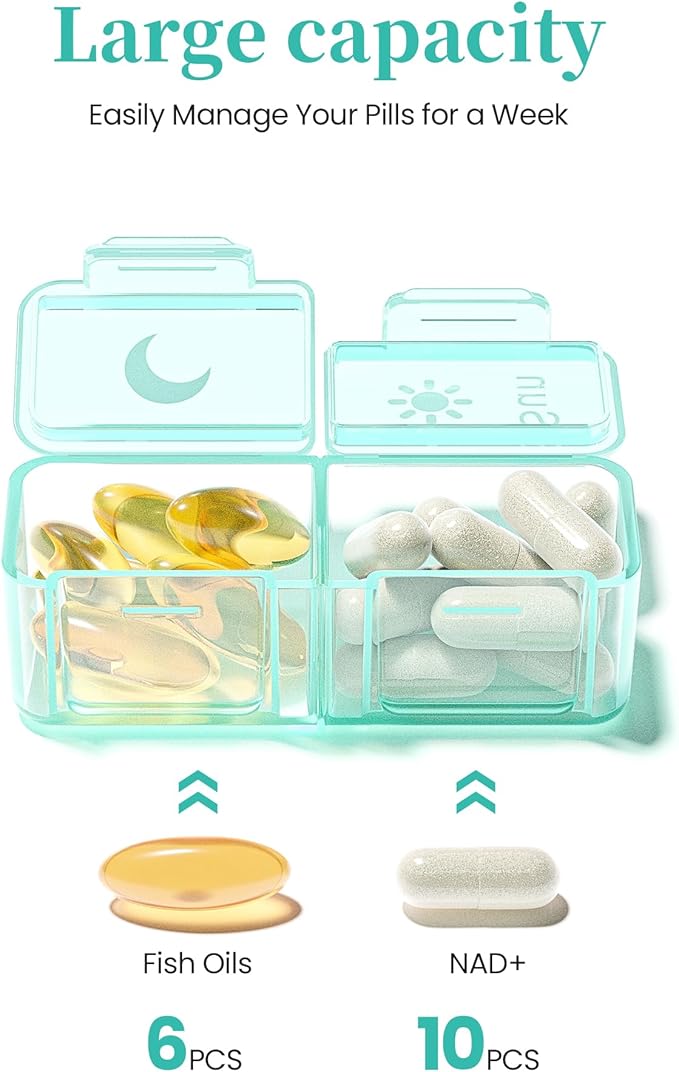 Zoksi Am Pm Pill Organizer 7 Day, Weekly Pill Box 2 Times a Day, Medicine Pill Organizer with Separate Compartment, Travel Pill Case Dispenser Portable for Vitamins, Fish Oils, Medicines(Green)