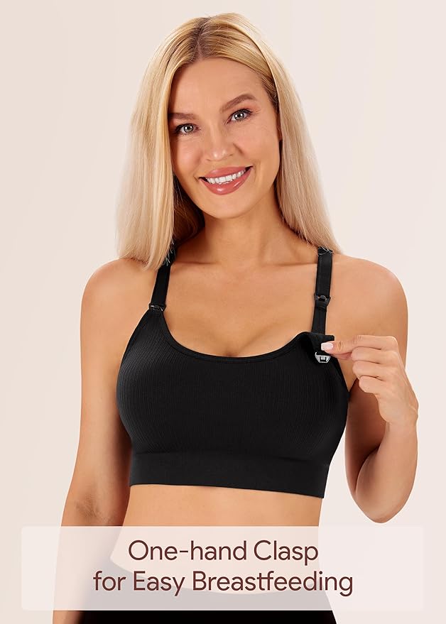 Angelhood Nursing Bras for Breastfeeding, Ribbed Nursing Sports Bra Yoga Maternity Bras Pregnancy Sleep Bralette
