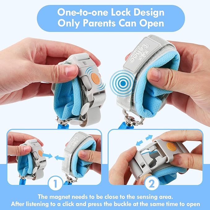 Lehoo Castle Kid Leash, 4.9ft Anti Lost Wrist Link for Toddlers with Induction Lock, Reflective Toddler Wrist Leash, Child Leash Harness, Leash for Kids (Light Blue)