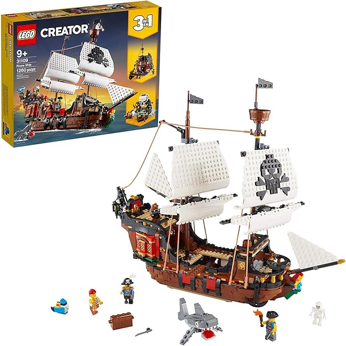 LEGO Creator 3 in 1 Pirate Ship Building Set, Kids can Rebuild The Pirate Ship into an Inn or Skull Island, Features 4 Minifigures and Shark Toy, Makes a Great Gift for Kids Ages 9+ Years Old, 31109