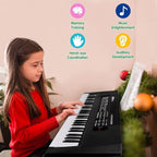 M SANMERSEN Kids Music Keyboard, 61-Key Portable Electronic Piano Toy with Microphone, Teaching Tool for Beginners, Ages 3-12, Black