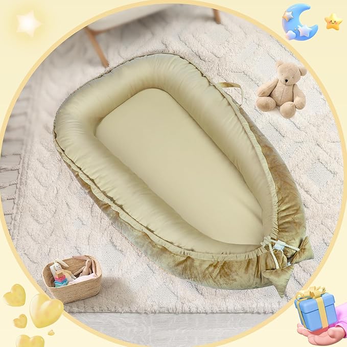 Baby Lounger - Baby Lounger for Newborn 0-24 Months, Breathable & Soft Cotton and Velvet Cover Baby Nest, Portable Tummy Time Lounger for Home and Travel, Ideal Baby Essentials & Shower Gifts