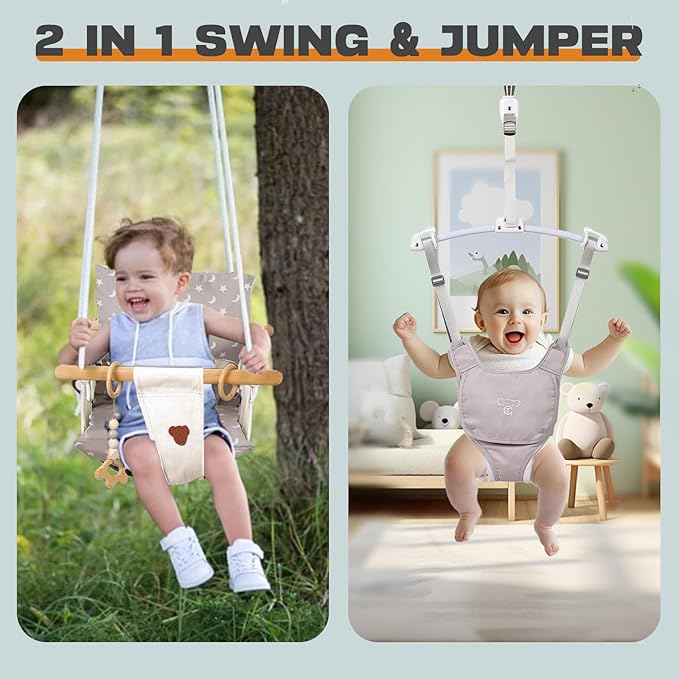 2 in 1 Baby Jumper & Swing, Baby Jumper for Indoor and Outdoor Use, Toddler Swing with Foldable Stand, Stable Bouncer Jumper（White）