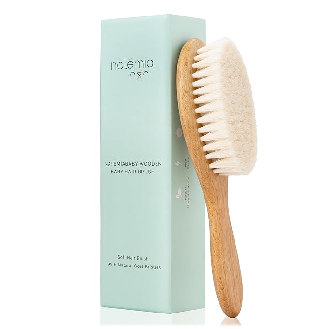 Natemia Baby Hair Brush - Wooden Handle & Soft Goat Bristles for Gentle Grooming & Scalp Massage - Newborn & Toddler Hair Brush for Cradle Cap Care (Oval)