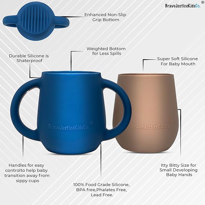 | Teenie Tiny™ Silicone Developmental Baby-Led Weaning Drinking Cups (2 pack) (Warm Taupe and Blue Fusion)