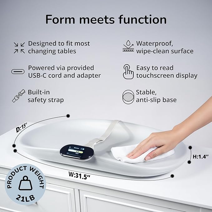 Woddle Multifunctional Smart Baby Changing Pad with Medical Grade Scale for Critical Weight Monitoring + AI App, Noise Machine, Warmer, Night Light, Touchscreen Tracker, All-in-One