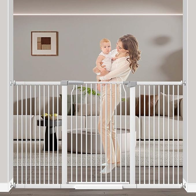 60.2"-65.7" Baby Gates Extra Wide, 40.5" Tall Dog Gate Indoor, Walk Through Pet Gates for Doorways Kitchen No Drilling Auto Close Pressure Mounted Safety Child Toddler Gate, White