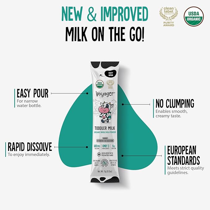 Voyager Toddler Milk On The Go, USDA Organic Shelf Stable Whole Milk Powder, Great for Travel, No Refrigeration, Gluten Free with No GMO's and No Antibiotics for Kids, 48 Sachets of 15g - 3 Pack