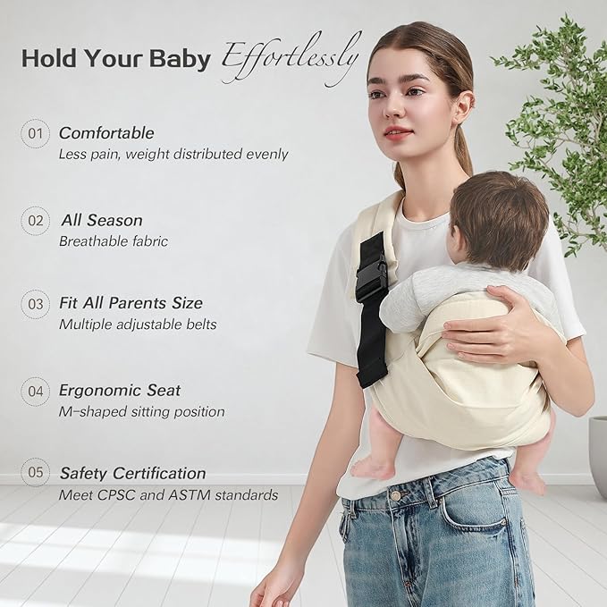 Baby Sling Carrier, Toddler Carrier Sling with Double Safety Buckle and Adjustable Shoulder Strap(7-30lbs), Baby Carriers One Size Fits All, Beige