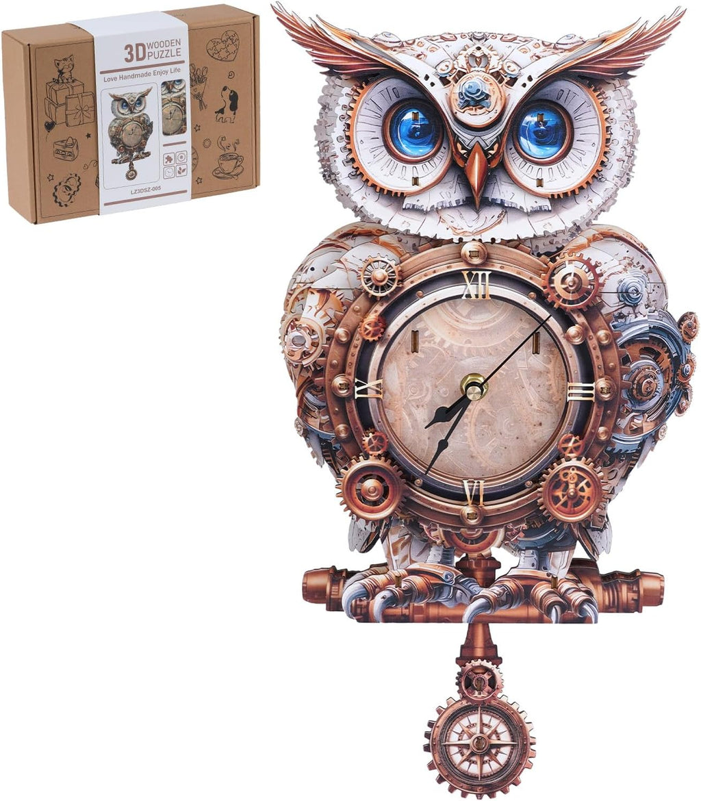 3D Wooden Puzzles for Adults, 3D Puzzles Owl Clock Kit (with Pendulum), Mechanical Owl Wooden Puzzle for Adults Teens Home Wall Decor Clock Gifts for Women Men