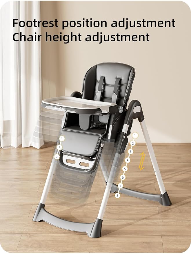 High Chair, Foldable High Chairs for Babies and Toddlers with Removable Tray, Height Adjustable Feeding Chair, Adjustable Backrest and Footrest, Black