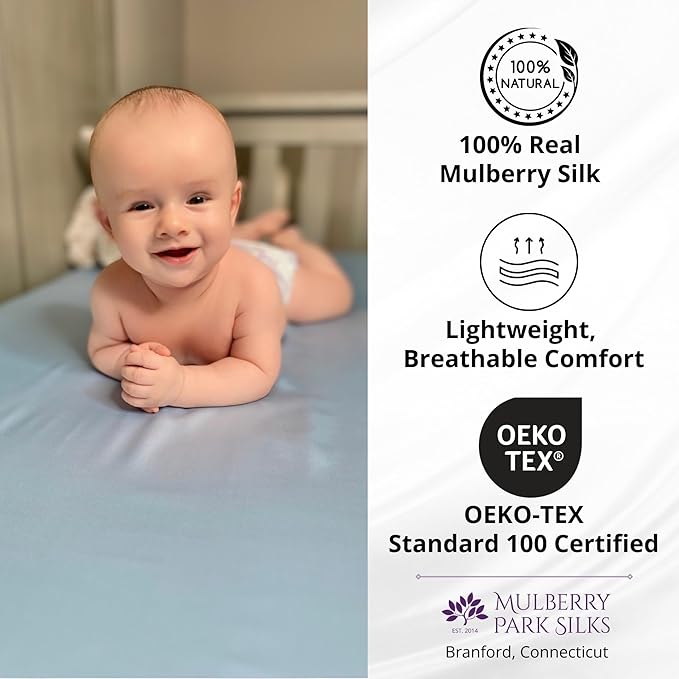 Mulberry Park Fitted Silk Crib Sheet - Grade 6A Pure 19 Momme Toddler Bedding - Gentle on Baby's Delicate Skin, Helps with Bald Spot, Eczema, Dry Skin & Cradle Cap - 28" x 52" / Bedtime Blue