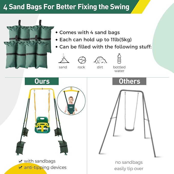 FUNLIO 2 in 1 Swing Set for Toddler & Baby Jumper, Heavy Duty Kids Swing & Bouncer with 4 Sandbags, Foldable Metal Stand for Indoor/Outdoor Play, Easy to Assemble and Store - Green