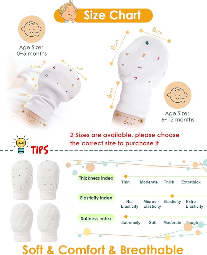 Baby Anti Scratch Mittens - No Scratch Mittens for Boys & Girls (6-12 Months) - 6 Pairs
