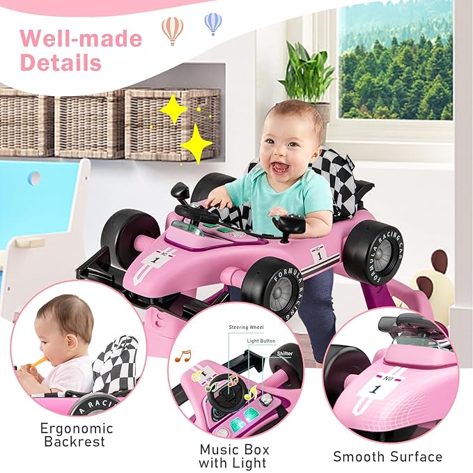 BABY JOY 4-in-1 Baby Walker, Foldable Activity Walker with Adjustable Height & Speed, Music, Lights, Steering Wheel, Comfy Seat Cushion, Activity Baby Push Walker for Boys Girls Aged 6 –18 (Purple)