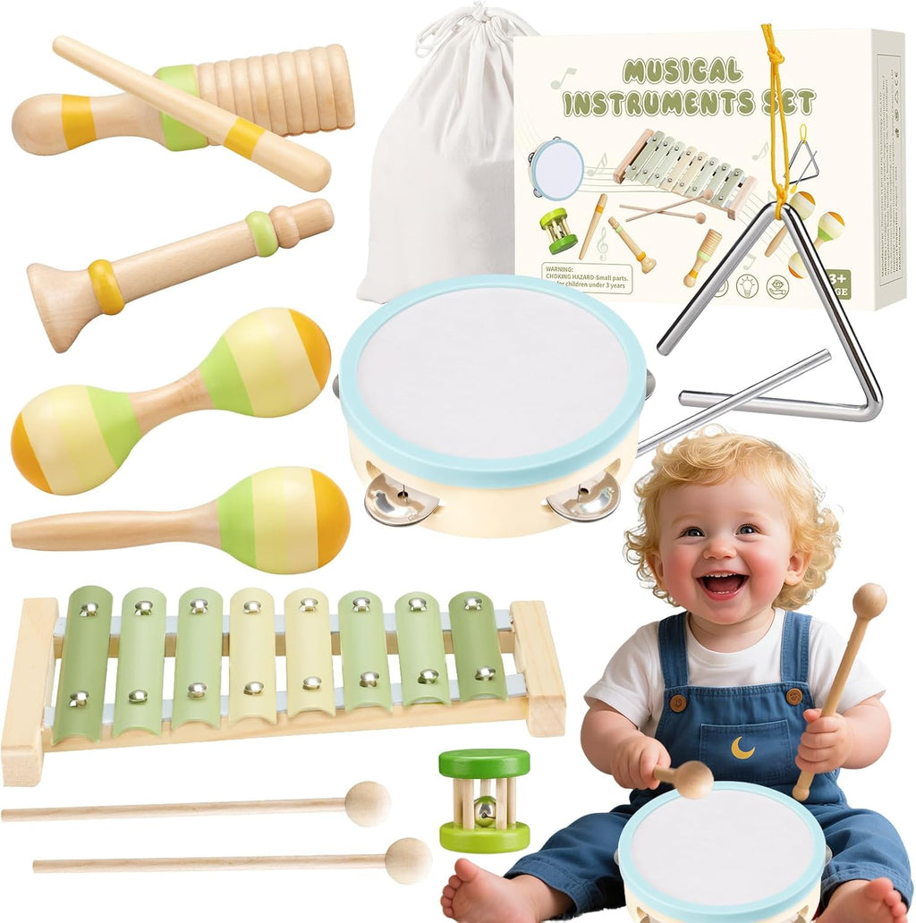 Baby Musical Instruments Set Montessori Wooden Toy for Toddlers 1 2 3 Percussion Music Xylophone for Kids Preschool Learning Resource Christmas Birthday Gifts for Boys Girls Aged 18 Months (Green)