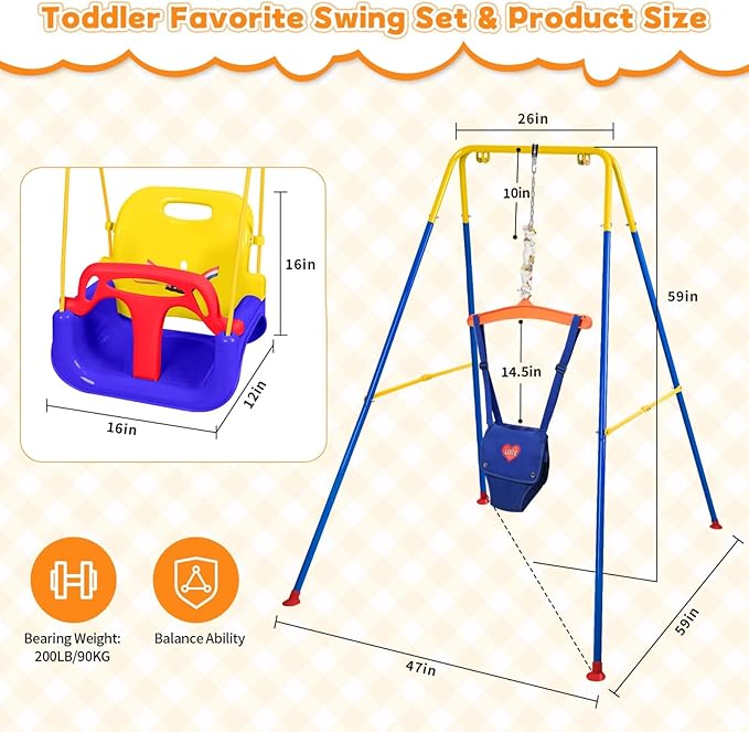 4-in-1 Toddler Swing Set & Baby Jumper and Bouncer for Toddlers, Foldable Baby Swing Stand for Outdoor Indoor Play, Easy to Assemble and Store for Ages 6 Months to 10 Years Old (Blue)