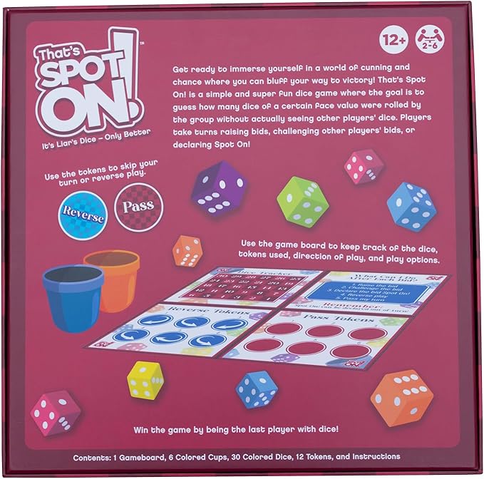 That's Spot On! Best Bluffing Strategy Game - Board, 6 Cups, 12 Tokens, 30 Dice – 2 to 6 Players, Ages 12+, Family Fun or Game Nights with Friends