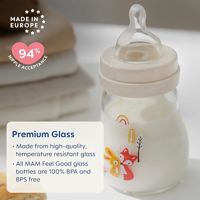 MAM Premium Glass Baby Bottles, Easy Switch Between Breast and Bottle, Feel Good Slow Flow, Newborn Essentials Must Have, 0+ Months, BPA Free, 6oz, Boy, 1 Pack